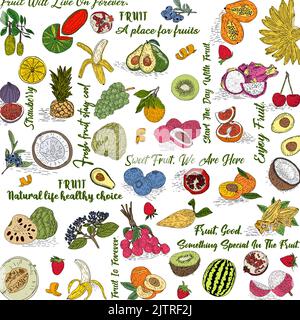 Vector hand drawn fruits pattern. Fruits seamless background. Seamless healthy food background. Stock Vector