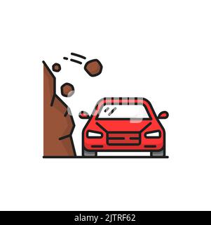 Landslide natural disaster isolated color line icon. Rocks falling on red car, travel road warning sign. Beware of rockfall mountain hill landslide Stock Vector