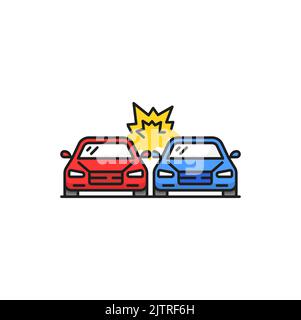 Side collision isolated color line icon. Broadside crash, vector car accident. Distracted driving, breakdown of two vehicles, damaged cars Stock Vector