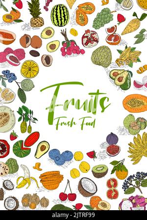 Fruit collection in flat hand drawn style, decorative retro style illustrations set. Tropical fruit and graphic design elements. Sketch style, ingredi Stock Vector