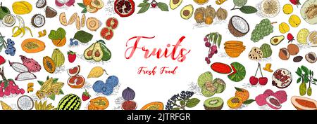 Fruit collection in flat hand drawn style, decorative retro style illustrations set. Tropical fruit and graphic design elements. Sketch style, ingredi Stock Vector