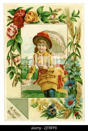 Original charming attractive Victorian New Years greetings card of a pretty young girl wearing a hat, holding a parasol, beautiful summer flowers border (forget-me-nots, cornflowers, roses, wheat) The caption is 'Wishing A Happy New Year',  circa 1888, U.K.