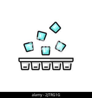 Ice cube plastic container with flying blue water cubes isolated outline icon. Vector fridge freezer ice cube tray, mobile and web apps design element Stock Vector