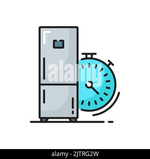 Fridge time sign, refrigerator timer outline icon. Vector linear style refrigerator timer sign, freezer and cooling system, condenser replacing. House Stock Vector