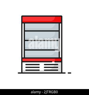 Showcase vertical red freezer with shelves isolated outline icon. Vector fridge showcase with glass door, shop refrigerator. Freeze chest in grocery store, supermarket or cafe, industrial chiller Stock Vector