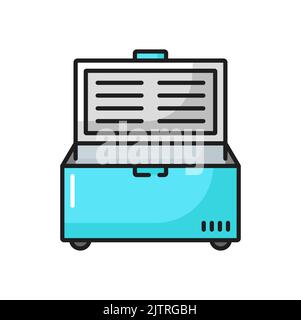 Ice cream freezer, fridge showcase with door in grocery store, supermarket color line icon. Vector industrial fridge, bar chiller open device for frozen food. Horizontal modern shop refrigerator Stock Vector
