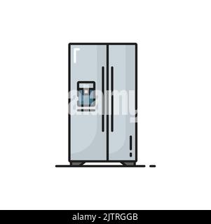 Refrigerator with side-by-side double door system isolated grey color line icon. Vector fridge showcase with two doors, industrial fridge. Household a Stock Vector