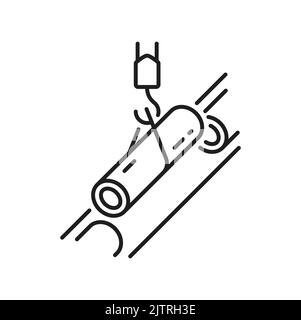 Metal pipe on tap isolated outline icon. Vector lifting hook moving loads with iron pipe, oil and gas industry equipment. Pipe is lifted by a crane ho Stock Vector