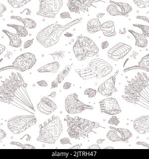 Meat seamless pattern. Beef, pork, lamb. Hand -drawn vector illustration. Carved style. Food menu background. Sketch illustration. Stock Vector