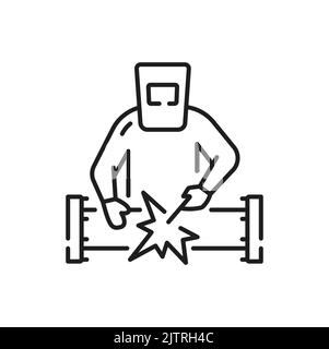 Welder welds metal pipe isolated outline icon. Vector welder in work clothes in protective mask, welding machine in hands. Manufacturing worker, gas and oil industry person with welding equipment Stock Vector