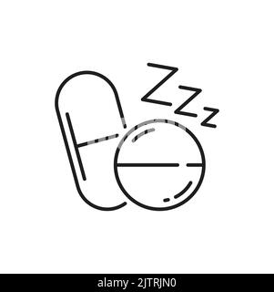 Insomnia pills and zzz or slumber sign, dose drug melatonin and sleep sound letters isolated outline icon. Vector zzz text, sleeping, rest and bedtime and sleep time, hibernation and relax medicament Stock Vector