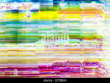 Distorted display. Glitch error. Multicolor pixel noise pattern overlay. Stock Photo