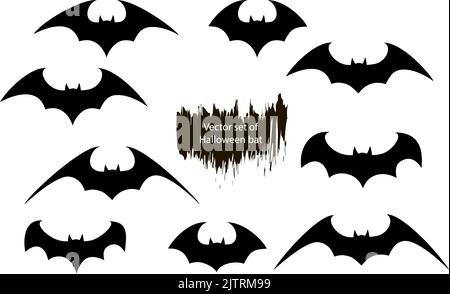 Vector set of different Halloween bats. Halloween flying bats. Vampire vector bat. Dark silhouette of bat flying in a flat style Stock Vector