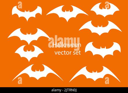 Vector set of different Halloween bats. Halloween flying bats. Vampire vector bat. Dark silhouette of bat flying in a flat style Stock Vector