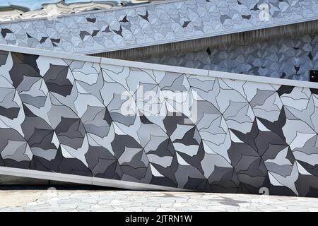 Philharmonie de Paris, symphony hall & two smaller halls, tesselated cladding of aluminium tiles, bird motifs, reminiscent of M C Escher Stock Photo