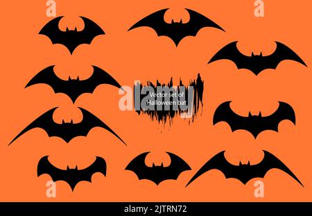 Vector set of different Halloween bats. Halloween flying bats. Vampire vector bat. Dark silhouette of bat flying in a flat style Stock Vector