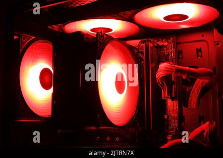 Computer cooling, coolers with color illumination in a gaming computer Stock Photo