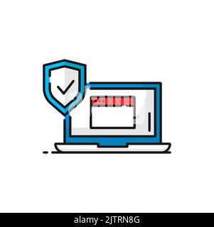 Computer security protect shield isolated color outline icon. Vector internet and data protection, antivirus emblem, information and connection security Stock Vector