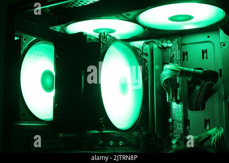 Computer cooling, coolers with color illumination in a gaming computer Stock Photo