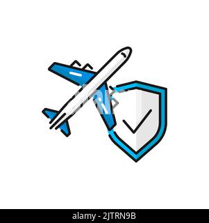 Flight insurance isolated color outline icon. Vector travel security, flying airplane and shield with check mark. Safety journey on aircraft Stock Vector