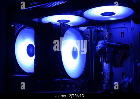 Computer cooling, coolers with color illumination in a gaming computer Stock Photo