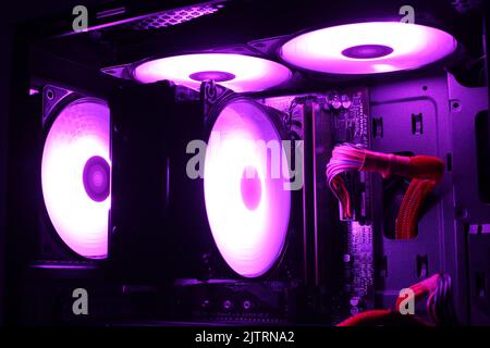 Computer cooling, coolers with color illumination in a gaming computer Stock Photo