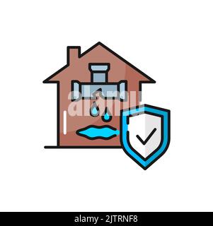 Running tube water drop and insurance protective shield, color outline icon. Vector water security, house flood insurance, faucet and drops Stock Vector