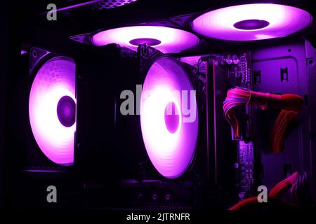 Computer cooling, coolers with color illumination in a gaming computer Stock Photo