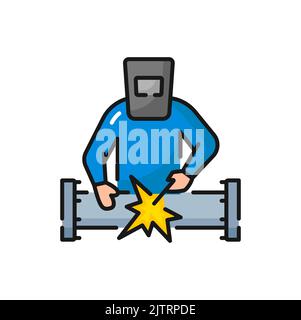Welding industry worker welds pipe or pipeline isolated color outline icon. Vector manufacturing worker, gas and oil industry welder with welding equipment Stock Vector