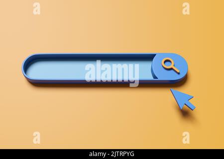 Simple blank search bar with a blue mouse cursor on yellow background. 3D illustration of the concept of searching the web and Internet Stock Photo