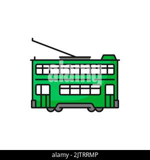 Tramway double decker chinese tram, Hong Kong car color outline icon. Vector tramcar to watch sightseeing in Hongkong, streetcar city transport Stock Vector