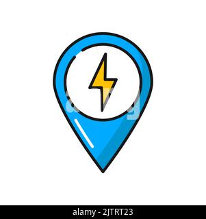 Pinpoint, map point with bolt power sign isolated color line icon. Vector place on map, location where you can charge electric car, charging station Stock Vector