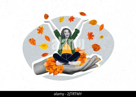Photo sketch graphics artwork picture of funny funky lady sitting big palm enjoying autumn weather isolated drawing background Stock Photo