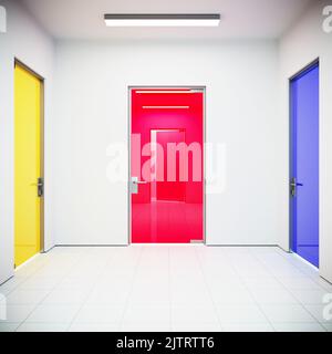 Three glass multicolored doors on white wall Stock Photo