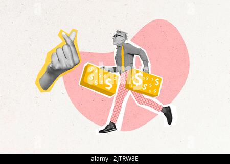 Exclusive minimal magazine sketch collage of running retired man carry suitcases money cash dollar signs big hand show asking symbol Stock Photo