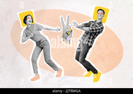 Exclusive minimal magazine sketch collage of man woman dancing smiling have fun party disco entertainment students hand show hello v-sign Stock Photo