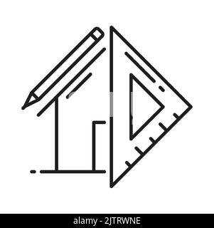 Architect development and interior design icon, architecture plan of house, vector project in line sketch for blueprint. Apartments architect development and home building construction outline icon Stock Vector