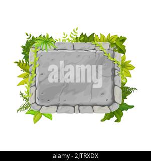 Stone game interface, ui game button, gui element. Cartoon forest jungle lianas and rock vector asset. Frame, rocky panel with tropical vines. Border Stock Vector