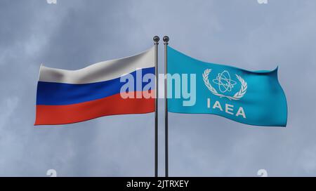 International Atomic Energy Agency IAEA and Russia, flag IAEA and Russia, Copy space, 3d illustration and 3d work Stock Photo