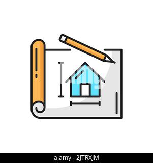 Architect plan on paper, pencil and house project design. Vector house development scheme and pen outline icon. Technical architecture document Stock Vector