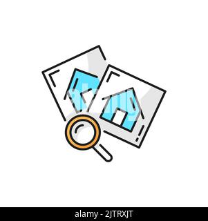 Architect development, outline icon of new project search by magnifying glass. Vector drafts of house exterior on papers, research of building documents Stock Vector