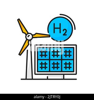 Hydrogen color icon, H2 solar energy and windmill electric power, vector line symbol. Hydrogen or oxygen cell electrolysis technology, green renewable electricity sources of solar panels and windmill Stock Vector