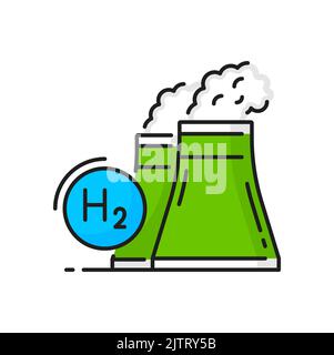 Hydrogen production color icon, green energy H2 power plant, vector renewable fuel factory. Hydrogen production or oxygen cells electrolysis tank, turbine and gas station, bio industry line symbol Stock Vector