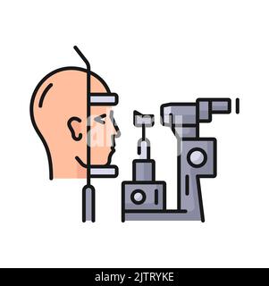 Phoropter, eye ophthalmology diagnostic and optometry test, vector icon. Phoropter refractor and patient, optometrist optical diagnostic device for eyesight and eye vision examination Stock Vector