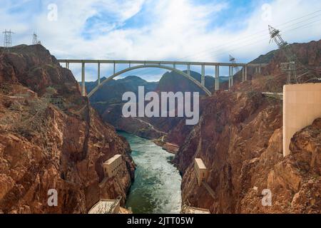 USA, Nevada Arizona border - February 19, 2018. View of Mike O'Callaghan–Pat Tillman Memorial Bridge over the Colorado river from Hoover dam Stock Photo