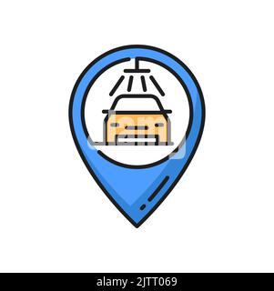 Car care wash and clean service icon, automatic carwash and cleaning point, vector line symbol. Car auto care and hand washing service of cleaner, varnish and detailing, automobile clean station icon Stock Vector