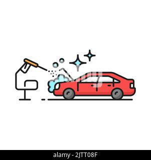 Car care icon, engine cleaning auto service, line vector of vehicle wash or pressure washer. Car care station for engine celaning and motor washing with pressure cleaner, carwash garage icon Stock Vector