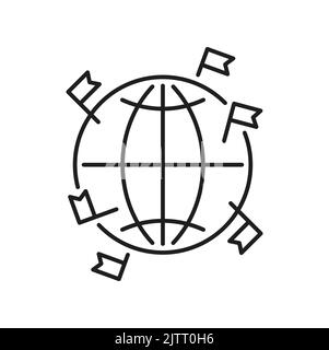 Worldwide referral global program, word map with flags isolated outline icon. Vector affiliate network connection, friends relationships and networking Stock Vector