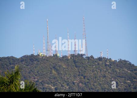 antennas on the top of the sumare hill in rio de janeiro. Stock Photo