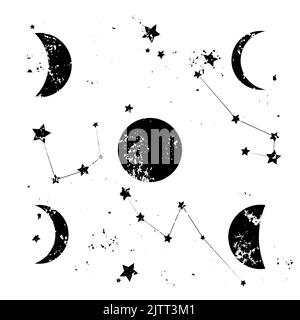 Moon phases and constellation stars. Set of vintage hand drawn shiny cosmic objects on dark background. Universe objects retro textured print. Stock Vector